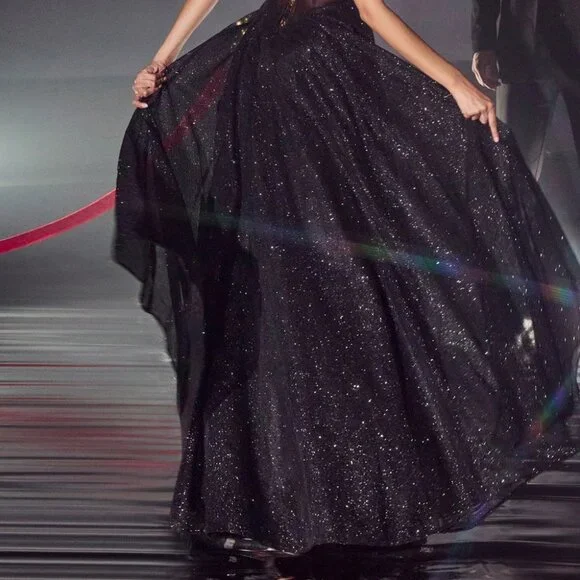 NEW LONG OFF THE SHOULDER STRAPLESS A-LINE GLITTER DRESS WITH LACE UP BACK CD275